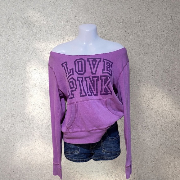 PINK "Love Pink" Purpler Off The Shoulder Sweatshirt - Picture 2 of 3